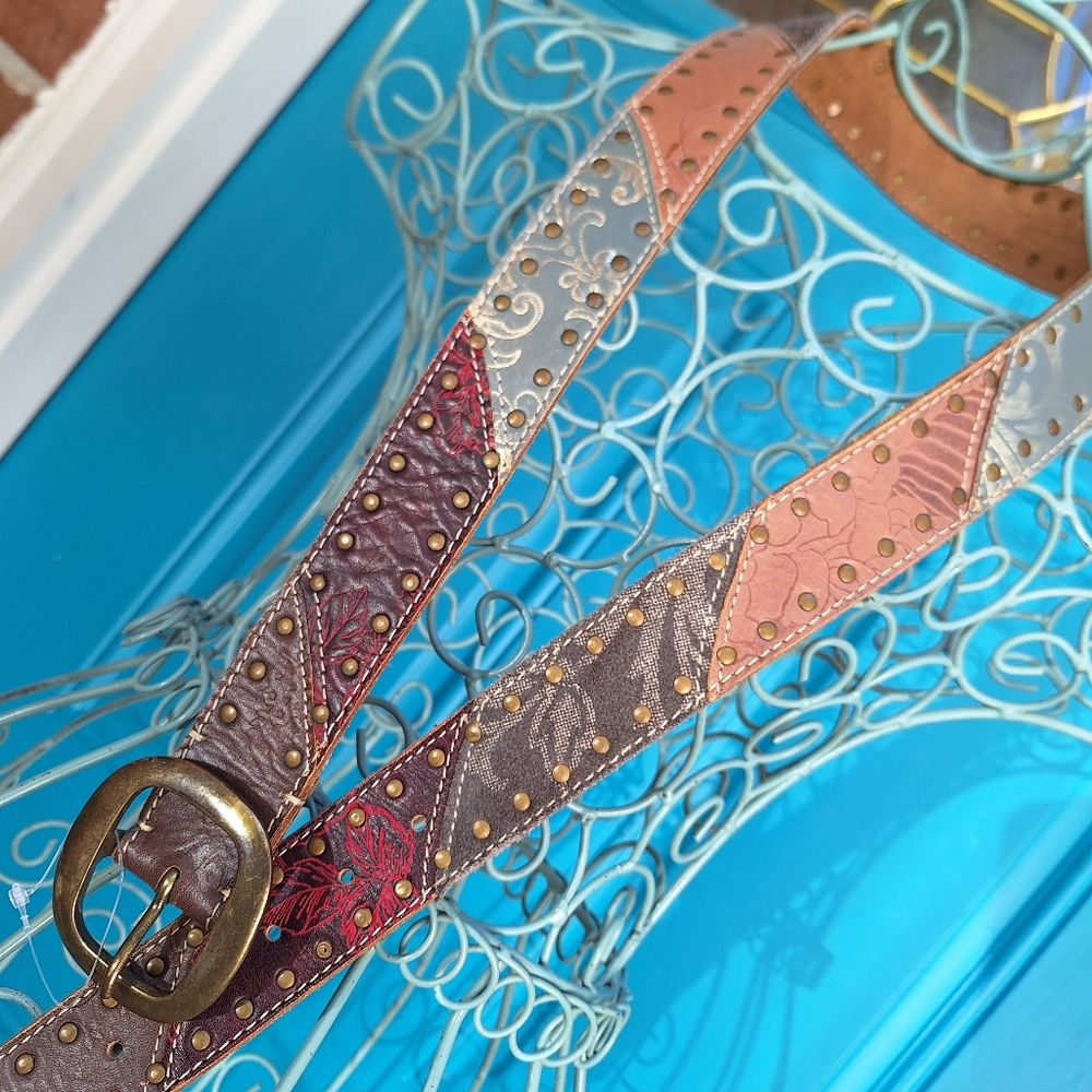 Genuine Leather Belt Metal Studded Embossed Patchwork Bohemian Tooled Womens